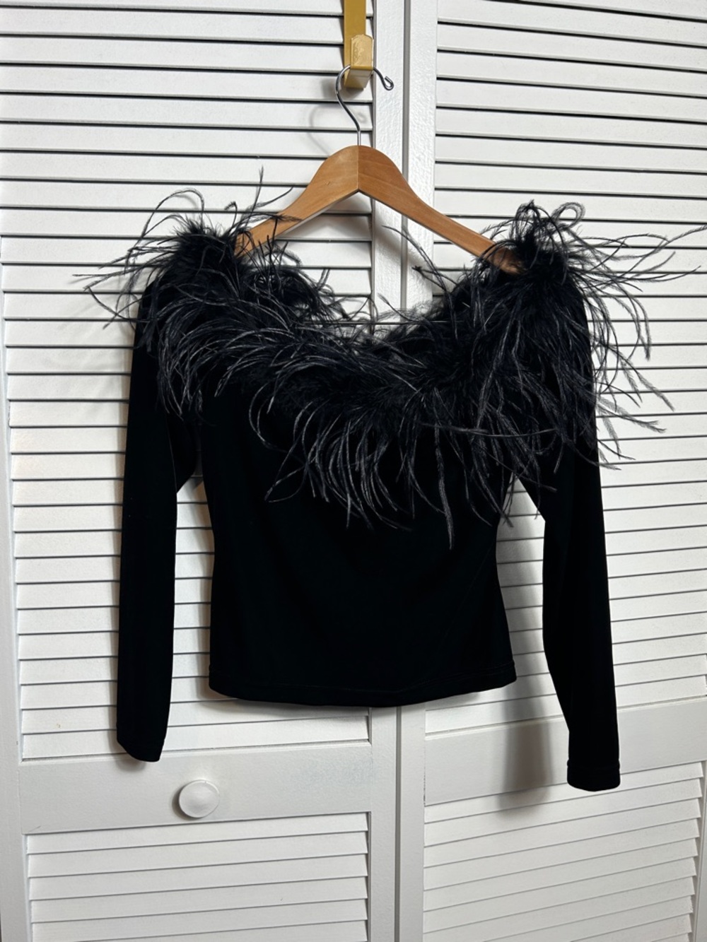 Off the shoulder Black Ostrich Feather trim velvet top vintage cachet small